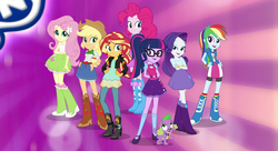 Size: 1083x589 | Tagged: safe, dhx media, screencap, applejack, fluttershy, pinkie pie, rainbow dash, rarity, sci-twi, spike, spike the regular dog, sunset shimmer, twilight sparkle, dog, human, equestria girls, equestria girls specials, g4, allspark, belt, boots, clothes, cowboy hat, cropped, denim, denim skirt, female, freckles, glasses, hasbro, hasbro studios, hat, high heel boots, humane five, humane seven, humane six, intro, legs, logo, mane six, mary janes, my little pony logo, opening, opening credits, sci-twi outfits, shoes, skirt, sleeveless, smiling, socks, stetson, striped socks, sunburst background, tank top, theme song, theme songs