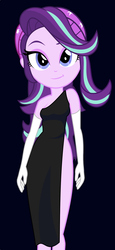 Size: 886x1920 | Tagged: safe, artist:aqua-pony, artist:cinderfall, edit, starlight glimmer, equestria girls, equestria girls specials, g4, mirror magic, beanie, black background, black dress, clothes, dress, evening gloves, fancy, female, gloves, hat, long gloves, long hair, looking at you, schrödinger's pantsu, side slit, simple background, solo, total sideslit, vector