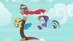 Size: 1280x720 | Tagged: safe, screencap, discord, rainbow dash, draconequus, pegasus, pony, g4, my little pony best gift ever, clothes, female, flying, male, mare, scarf, tail, wings, winter outfit