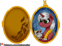 Size: 1024x759 | Tagged: safe, artist:spokenmind93, oc, oc:ruby heart, engraved cutiemark, female, foal, jewelry, medallion, mother and daughter, obtrusive watermark, patreon, patreon logo, patreon reward, pendant, ponytail, simple background, transparent background, watermark