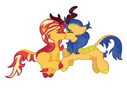 Size: 1861x1285 | Tagged: safe, artist:neighsay, flash sentry, sunset shimmer, kirin, g4, sounds of silence, cloven hooves, colored hooves, duo, female, kirin flash sentry, kirin sunset, kirin-ified, kissing, male, ship:flashimmer, shipping, simple background, species swap, straight, white background