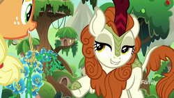 Size: 1920x1080 | Tagged: safe, screencap, applejack, autumn blaze, earth pony, kirin, pony, g4, sounds of silence, cloven hooves, duo, female, flower, foal's breath, lidded eyes, lip bite, mare, out of context, poker face, shipping fuel, smiling, smirk