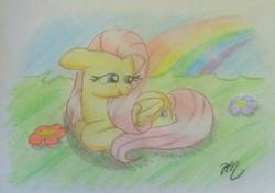 Size: 1224x862 | Tagged: safe, artist:prinrue, fluttershy, pegasus, pony, g4, cute, female, floppy ears, flower, folded wings, grass, looking away, mare, outdoors, prone, rainbow, shyabetes, smiling, solo, traditional art, turned head, wings