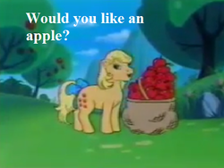 Size: 416x312 | Tagged: safe, edit, edited screencap, editor:korora, screencap, applejack (g1), pony, g1, rescue at midnight castle, apple, apple tree, bag, bow, bronybait, cropped, dialogue, female, food, looking at you, solo, tail bow, tree