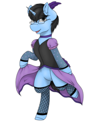 Size: 2000x2500 | Tagged: safe, artist:acidthead, oc, oc only, oc:tinker doo, semi-anthro, arm hooves, bottomless, clothes, crossdressing, cute, dress, feather, fishnet stockings, glasses, high res, male, partial nudity, saloon dress, solo, stockings, thigh highs