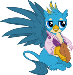 Size: 3000x3101 | Tagged: safe, artist:cloudy glow, gallus, griffon, g4, american football, high res, male, paws, solo, sports, sports outfit, spread wings, tail, varsity jacket, vector, wings