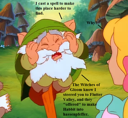 Size: 572x528 | Tagged: safe, edit, edited screencap, editor:korora, screencap, habbit, megan williams, moochick, g1, my little pony: the movie (g1), cropped, dialogue, implied threat, implied witches of gloom, mushroom, notepad