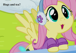 Size: 1152x810 | Tagged: safe, edit, edited screencap, editor:korora, screencap, fluttershy, pony, g4, my little pony best gift ever, :3, bronybait, clothes, cropped, cute, dialogue, earmuffs, female, hug request, shyabetes, snow, solo, sweater, turtleneck, winter outfit