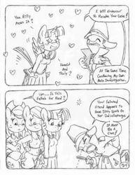Size: 849x1100 | Tagged: safe, artist:circe, applejack, rainbow dash, twilight sparkle, alicorn, anthro, unguligrade anthro, comic:soreloser, black and white, clothes, detective, grayscale, inspector jacques clouseau, monochrome, pleated skirt, skirt, spread wings, the pink panther, traditional art, twilight sparkle (alicorn), wingboner, wings