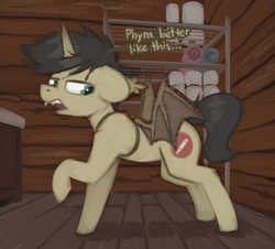 Size: 1303x1180 | Tagged: safe, artist:marsminer, oc, oc only, oc:keith, pony, unicorn, clothes, costume, dialogue, fake wings, fangs, male, solo, stallion