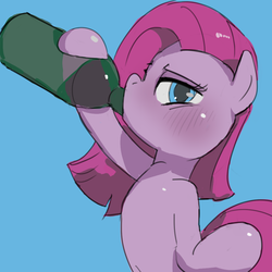 Size: 1100x1100 | Tagged: safe, artist:baigak, pinkie pie, earth pony, pony, g4, alcohol, blue background, blushing, bottle, butt, drinking, drunk, female, looking at you, mare, pinkamena diane pie, plot, simple background, solo