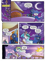 Size: 768x1024 | Tagged: safe, artist:tonyfleecs, idw, official comic, princess celestia, princess luna, alicorn, pony, g4, nightmare knights, spoiler:comic, spoiler:comicnightmareknights02, comic, crescent moon, dawn, ethereal mane, female, hoof shoes, mare, moon, night, preview, raising the sun, royal sisters, sisters, speech bubble, starry mane, sun