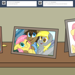 Size: 1280x1280 | Tagged: safe, artist:fluffyxai, derpy hooves, fluttershy, oc, oc:spirit wind, earth pony, pegasus, pony, tumblr:ask spirit wind, g4, ask, female, male, mare, photo, picture frame, polyamory, stallion, tumblr