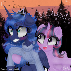 Size: 3500x3500 | Tagged: safe, artist:darkest-lunar-flower, princess luna, twilight sparkle, alicorn, pony, belly button, blushing, chest fluff, clothes, commission, crown, duo, evening, eyelashes, eyeshadow, female, forest, high res, introversion, jewelry, makeup, mare, missing accessory, necklace, pendant, regalia, scared, signature, slit pupils, smiling, snake eyes, sweat, sweater, text, tree, twilight sparkle (alicorn)