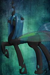 Size: 1365x2048 | Tagged: safe, artist:ruanshi, derpibooru exclusive, queen chrysalis, changeling, changeling queen, g4, female, pose, solo, transparent wings, wings