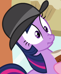 Size: 436x526 | Tagged: safe, screencap, pinkie pie, twilight sparkle, pony, g4, mmmystery on the friendship express, season 2, bowler hat, clothes, cropped, hat, nose wrinkle, scrunchy face, solo focus