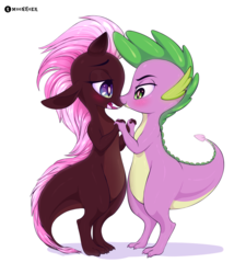 Size: 2700x3000 | Tagged: safe, artist:moonhoek, spike, oc, oc:denny, dragon, rcf community, g4, blushing, canon x oc, couple, digital art, full body, gay, high res, looking at each other, male, romantic, shipping, simple background, white background