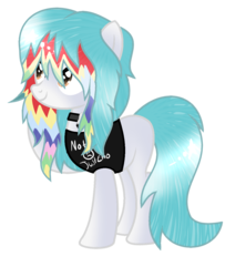 Size: 1096x1232 | Tagged: safe, artist:meimisuki, artist:space--paws0w0, oc, oc only, oc:dawn (ice1517), earth pony, pony, base used, bell, bell collar, clothes, collar, emo, female, mare, multicolored hair, rainbow hair, raised hoof, shirt, simple background, solo, t-shirt, transparent background