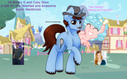 Size: 1280x800 | Tagged: safe, artist:nukarulesthehouse1, cozy glow, oc, oc:cobalt sounds, human, pony, unicorn, g4, bow, brown eyes, brown mane, cozybetes, cute, facial hair, fedora, goatee, hair bow, hat, horn, irl, irl human, microphone, photo, ponysona, smiling, sunni westbrook, unicorn oc, vector