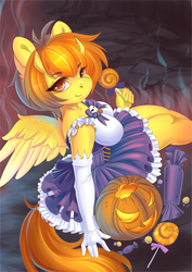 Size: 1500x2121 | Tagged: safe, artist:sherr, oc, oc only, oc:firetale, pegasus, anthro, anthro oc, candy, clothes, commission, costume, digital art, dress, eye clipping through hair, female, food, gloves, halloween, halloween costume, holiday, looking at you, mare, orange hair, orange mane, orange tail, pumpkin, smiling, solo, ych result