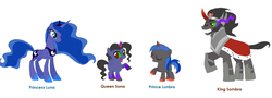 Size: 1956x704 | Tagged: safe, artist:tuxedorabbit05, king sombra, princess luna, oc, oc:lunbra, oc:sona, alicorn, pony, unicorn, g4, alicorn oc, base used, blank flank, colored sclera, colt, concave belly, family, female, filly, male, no pupils, offspring, parent:king sombra, parent:princess luna, parents:lumbra, ship:lumbra, shipping, simple background, slender, straight, thin, white background
