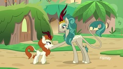 Size: 1920x1080 | Tagged: safe, screencap, autumn blaze, rain shine, kirin, g4, sounds of silence, duo, female, height difference, smiling