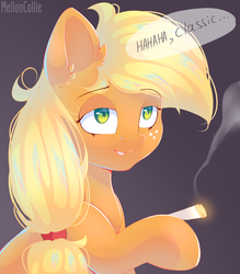 Size: 1400x1600 | Tagged: safe, artist:melloncollie-chan, applejack, earth pony, pony, g4, blunt, bust, drugs, female, freckles, ha ha classic, hairband, hoof hold, lidded eyes, lightly watermarked, mare, marijuana, messy mane, ponytail, portrait, simple background, smiling, smoking, solo, speech bubble, watermark