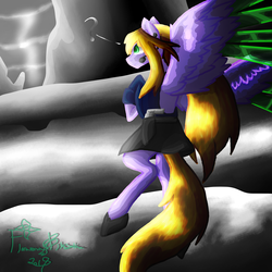 Size: 5800x5800 | Tagged: safe, artist:florarena-kitasatina/dragonborne fox, pegasus, semi-anthro, absurd resolution, arm hooves, augmented, bladed wings, clothes, crossover, flying, lightning, mountain, ponified, signature, solo, sora (sora), storm, tundra, uniform, watermark