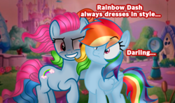 Size: 1400x825 | Tagged: safe, artist:doraeartdreams-aspy, rainbow dash, rainbow dash (g3), g3, g4, castle, darling, g3 to g4, generation leap, generational ponidox, menacing, ponyville, ponyville (g3), rainbow dash always dresses in style, text