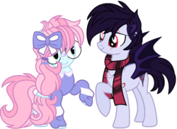 Size: 1024x745 | Tagged: safe, artist:bezziie, oc, oc only, oc:cloudious storm, oc:strawberry pie, bat pony, pegasus, pony, clothes, female, glasses, male, mare, scarf, simple background, stallion, sweater, transparent background