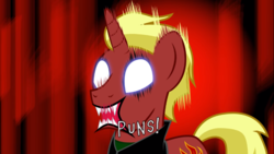 Size: 854x480 | Tagged: safe, artist:mlp-silver-quill, oc, oc only, oc:commander firebrand, oc:firebrand, pony, unicorn, after the fact, aggretsuko, blank eyes, josh scorcher, male, pun, reaction image, sanrio, solo, stallion
