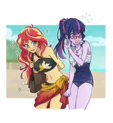 Size: 1200x1300 | Tagged: safe, artist:dcon, sci-twi, sunset shimmer, twilight sparkle, human, equestria girls, equestria girls series, forgotten friendship, g4, bag, beach, belly button, blushing, clothes, duo, embarrassed, female, geode of empathy, geode of telekinesis, jewelry, lesbian, magical geodes, midriff, necklace, one-piece swimsuit, ponytail, sarong, ship:sci-twishimmer, ship:sunsetsparkle, shipping, sweat, sweatdrop, swimsuit