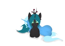 Size: 3035x2150 | Tagged: safe, artist:groomlake, queen chrysalis, trixie, changeling, changeling queen, pony, g4, colored, female, high res, hug, jewelry, regalia, silly, simple, simple background, sleeping, snuggling, white background
