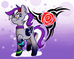 Size: 1920x1536 | Tagged: safe, artist:cerolean, oc, oc only, oc:yunia, pegasus, pony, abstract background, bubble, choker, colored wings, cutie mark, flower, flower in hair, glasses, gradient hooves, looking at you, phone, prosthetic eye, prosthetics, raised hoof, rose, solo