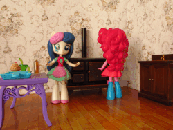 Size: 588x441 | Tagged: safe, artist:whatthehell!?, bon bon, pinkie pie, spike, sweetie drops, dog, equestria girls, g4, animated, clothes, cupcake, doll, equestria girls minis, food, fridge horror, gif, implied murder, juice, kitchen, kitchen furniture, skirt, spike the dog, stove, table, toy