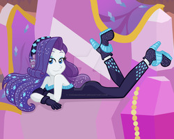 Size: 1024x819 | Tagged: safe, artist:yoshimarsart, rarity, equestria girls, g4, my little pony equestria girls: better together, the other side, beautiful, clothes, deviantart watermark, eyeshadow, female, gloves, headphones, high heels, lidded eyes, makeup, obtrusive watermark, shoes, solo, unitard, watermark