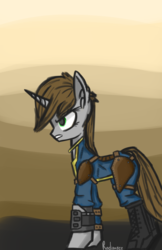 Size: 1004x1546 | Tagged: safe, artist:thestive19, oc, oc only, oc:littlepip, pony, unicorn, fallout equestria, clothes, fanfic, fanfic art, female, gritted teeth, hooves, horn, jumpsuit, mare, pipbuck, solo, vault suit