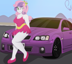 Size: 1988x1784 | Tagged: safe, artist:phyll, sweetie belle, equestria girls, g4, breasts, car, cleavage, clothes, dress, female, flower, holden, holden commodore, legs, older, older sweetie belle, one eye closed, shoes, signature, solo, thighs, wink