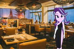 Size: 2400x1597 | Tagged: safe, artist:aqua-pony, artist:cinderfall, edit, starlight glimmer, human, equestria girls, g4, black dress, clothes, dress, evening gloves, fancy, female, gloves, long gloves, looking at you, realistic, restaurant, solo, total sideslit