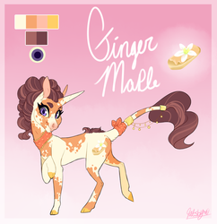 Size: 1069x1103 | Tagged: safe, artist:qatsby, oc, oc only, oc:ginger maple, classical unicorn, pony, unicorn, cloven hooves, coat markings, color palette, crack ship offspring, female, gradient background, horn, jewelry, leonine tail, mare, offspring, parent:donut joe, parent:saffron masala, raised hoof, reference sheet, signature, solo, tail jewelry, tail wrap, unshorn fetlocks