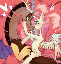 Size: 1408x1460 | Tagged: safe, artist:sadistjolt, discord, fluttershy, draconequus, g4, abstract background, blushing, exclamation point, female, heart, looking at each other, male, open mouth, ship:discoshy, shipping, straight, wings