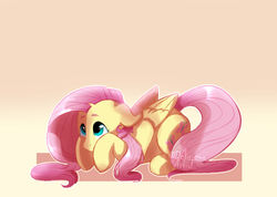 Size: 1280x910 | Tagged: safe, artist:delirious-artist, fluttershy, pegasus, pony, g4, female, floppy ears, folded wings, looking up, mare, prone, solo, three quarter view, wings