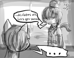 Size: 1093x866 | Tagged: safe, artist:halfaman, pony, ..., black and white, grayscale, monochrome, persona, persona 5, simple background, sketch, speech bubble, tae takemi