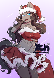 Size: 2684x3900 | Tagged: safe, artist:hakkids2, oc, oc only, earth pony, anthro, advertisement, anthro oc, armpits, bandeau, beautiful, belly button, christmas, clothes, commission, costume, digital art, female, gloves, gradient background, hat, high res, holiday, looking at you, midriff, miniskirt, open mouth, santa costume, santa hat, skirt, socks, solo, stockings, thigh highs, wingding eyes, your character here