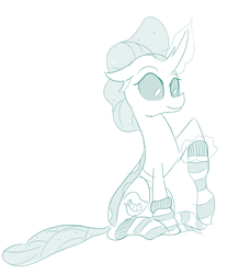 Size: 486x583 | Tagged: safe, artist:sintakhra, ocellus, changedling, changeling, tumblr:studentsix, g4, clothes, cute, cuteling, diaocelles, female, happy, looking down, magic, post-it, sitting, smiling, socks, solo, striped socks