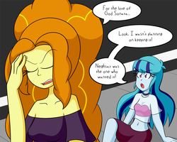 Size: 1000x800 | Tagged: safe, artist:jake heritagu, adagio dazzle, sonata dusk, comic:aria's archives, equestria girls, g4, belly button, breasts, cleavage, clothes, midriff, see-through, short shirt