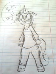 Size: 1536x2047 | Tagged: safe, artist:princessmuffinart, rarity, unicorn, anthro, g4, angry, dialogue, fist, lined paper, sketch, traditional art