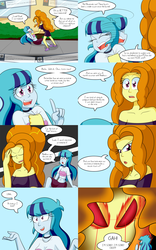 Size: 2000x3200 | Tagged: safe, artist:jake heritagu, adagio dazzle, sonata dusk, comic:aria's archives, equestria girls, g4, angry eyes, belly button, breasts, cleavage, clothes, comic, dialogue, dress, female, high res, it was at this moment that she knew she fucked up, midriff, red eyes, see-through, short shirt, speech bubble