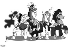 Size: 3398x2198 | Tagged: safe, artist:viejillox64art, discord, king sombra, nightmare moon, queen chrysalis, pony, g4, black and white, clothes, dress, grayscale, high res, monochrome, tuxedo