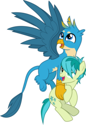 Size: 3000x4348 | Tagged: safe, artist:cloudy glow, gallus, sandbar, earth pony, griffon, pony, g4, school daze, carrying, cute, duo, duo male, flying, gallabetes, male, paws, smiling, spread wings, vector, wings